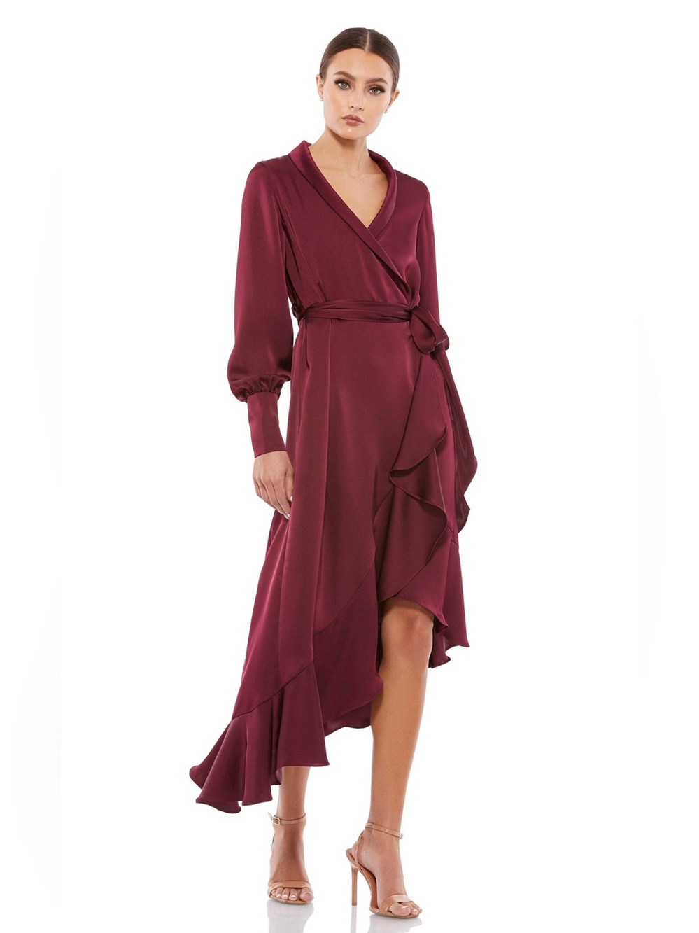 Mac Duggal 12506 Long-sleeved Wine Burgundy Satin Faux Wrap High-Low Dress